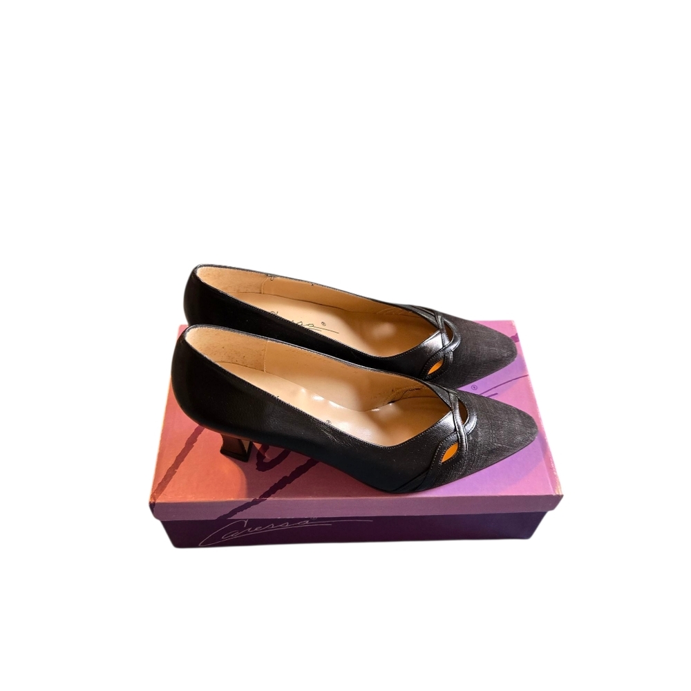 Vintage Caressa Pshaw Black Leather Suede Toe Heels Size 8.5M